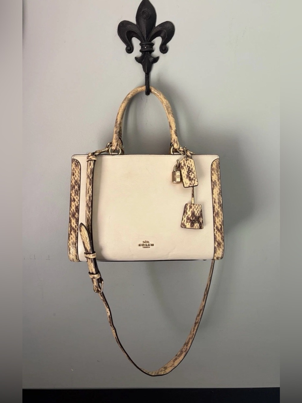 COACH Zoe Cream/ Chalk Exotic Snakeskin Trim Carryall Crossbody Bag/Lock/ F68293